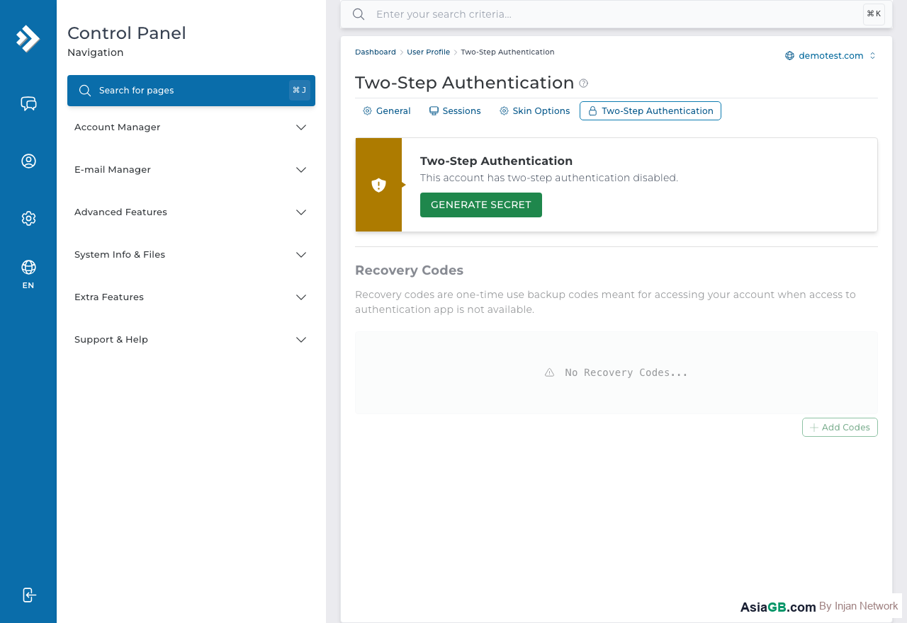 หน้า Two-Step Authentication ใน DirectAdmin Evolution