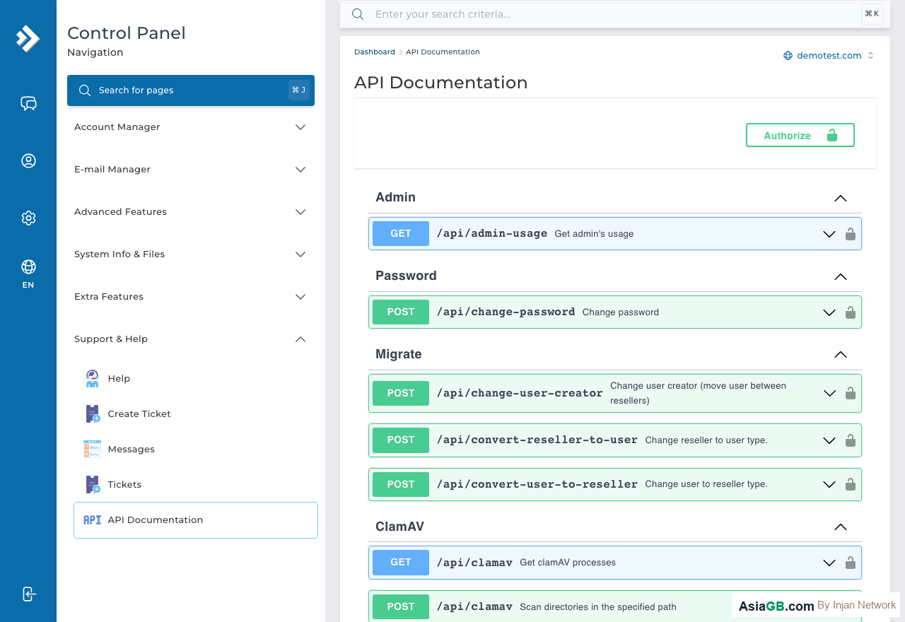 หน้า API Documentation ใน DirectAdmin