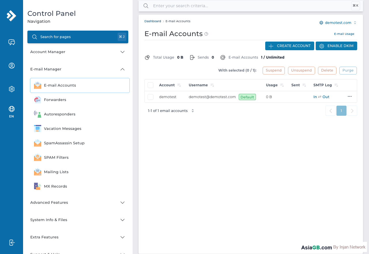 E-mail Accounts page showing all email accounts