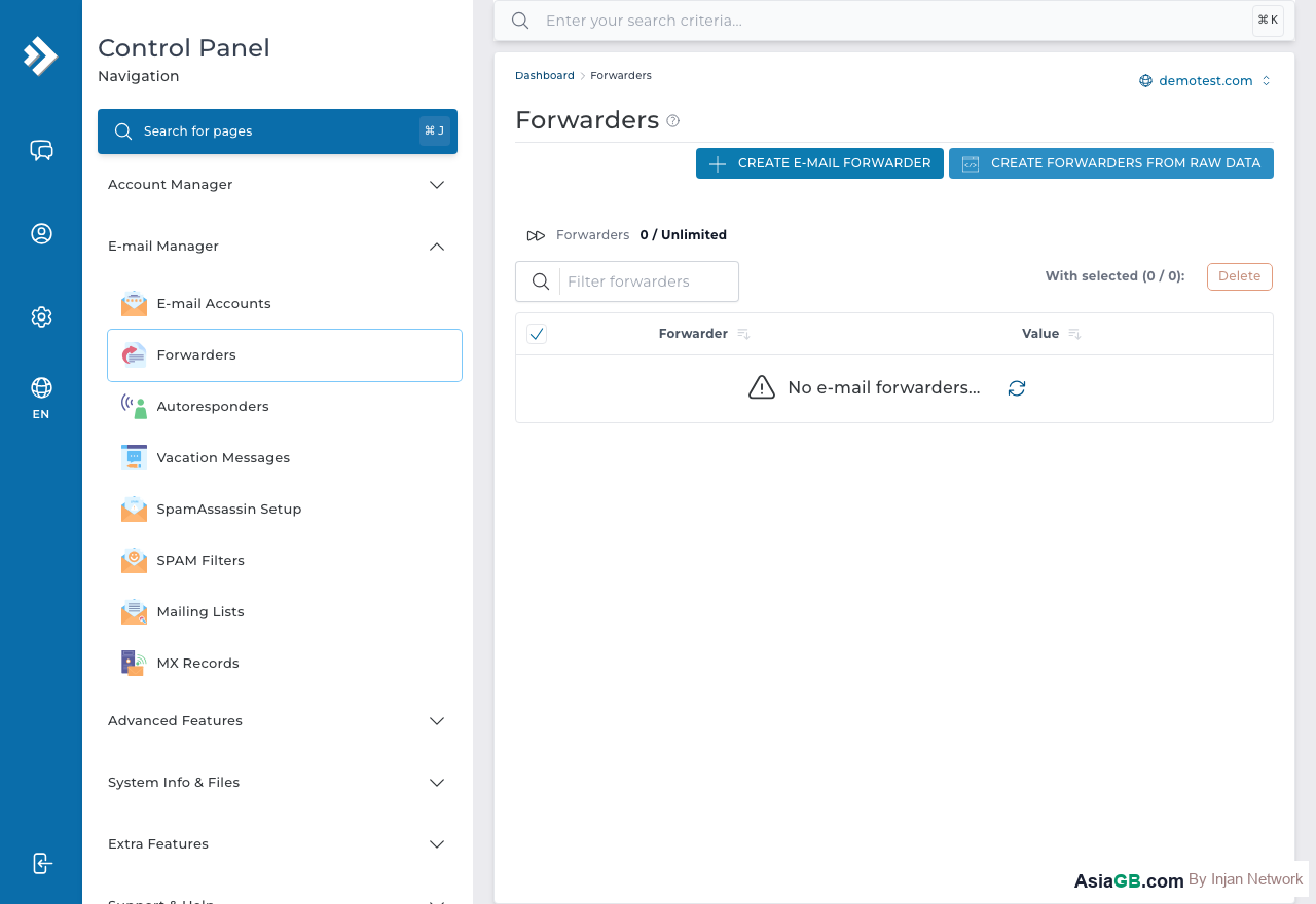 Forwarders page showing configured email forwarders