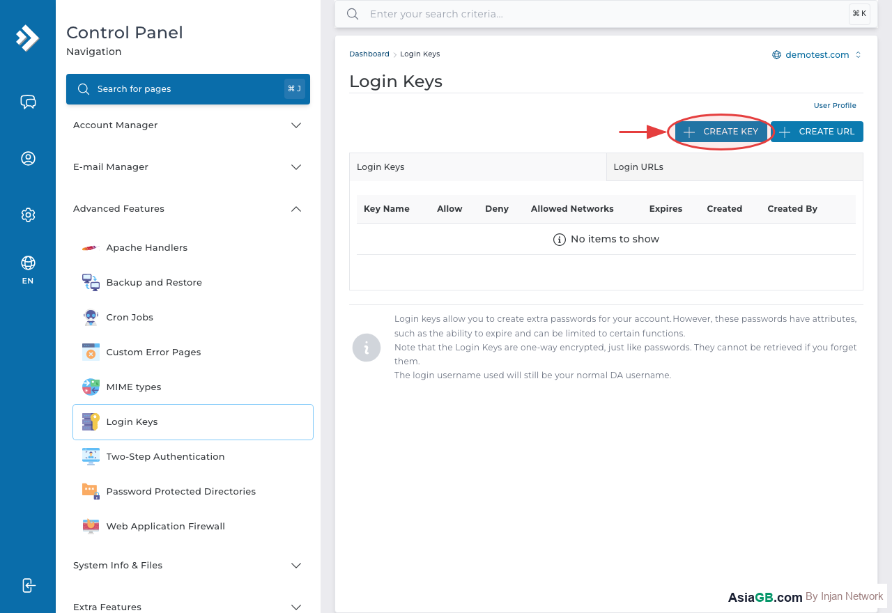 Click Create (circled) to generate a new Login Key