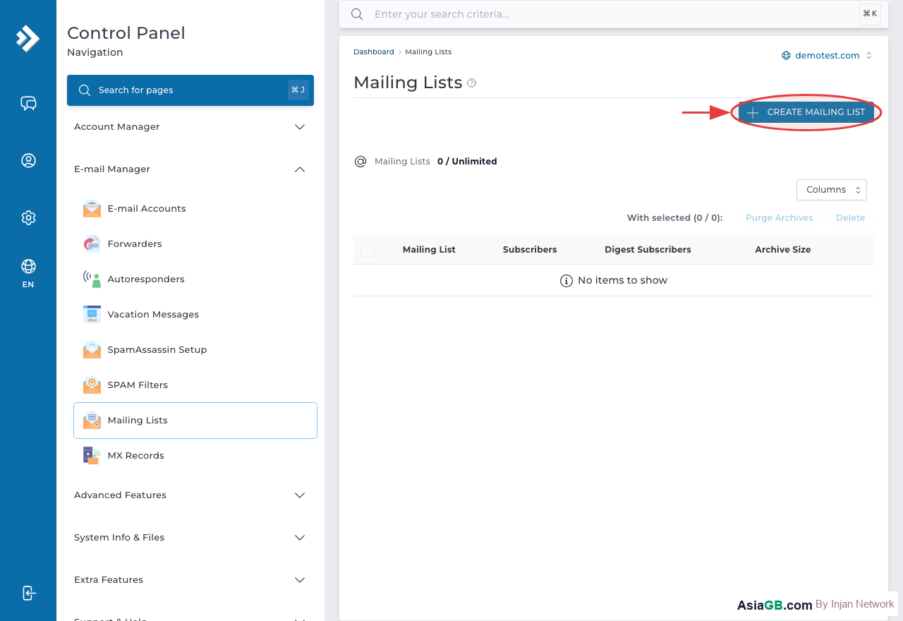 กดปุ่ม Create (วงแดง) เพื่อสร้าง Mailing List ใหม่