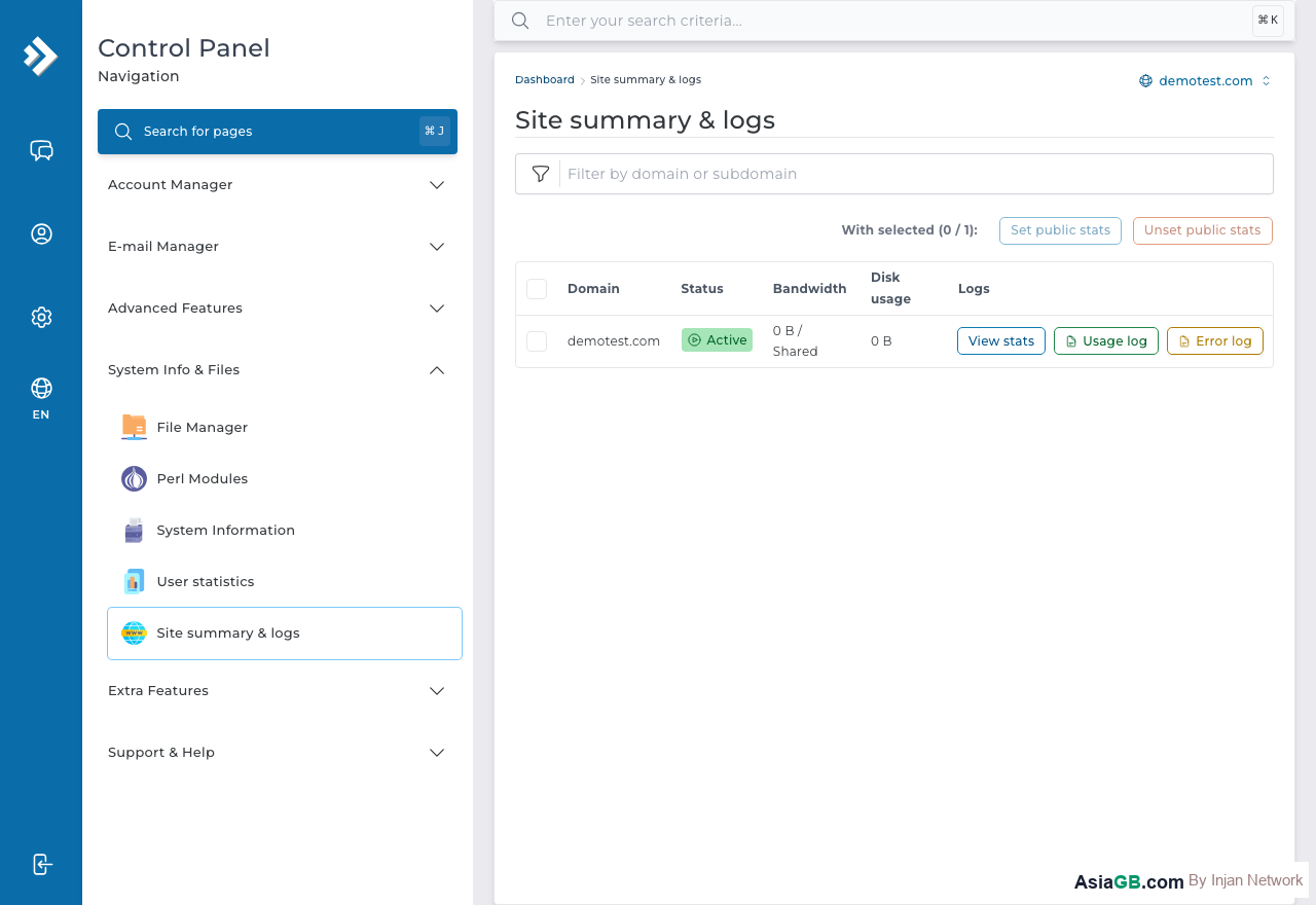 Site Summary & Logs page showing website usage statistics