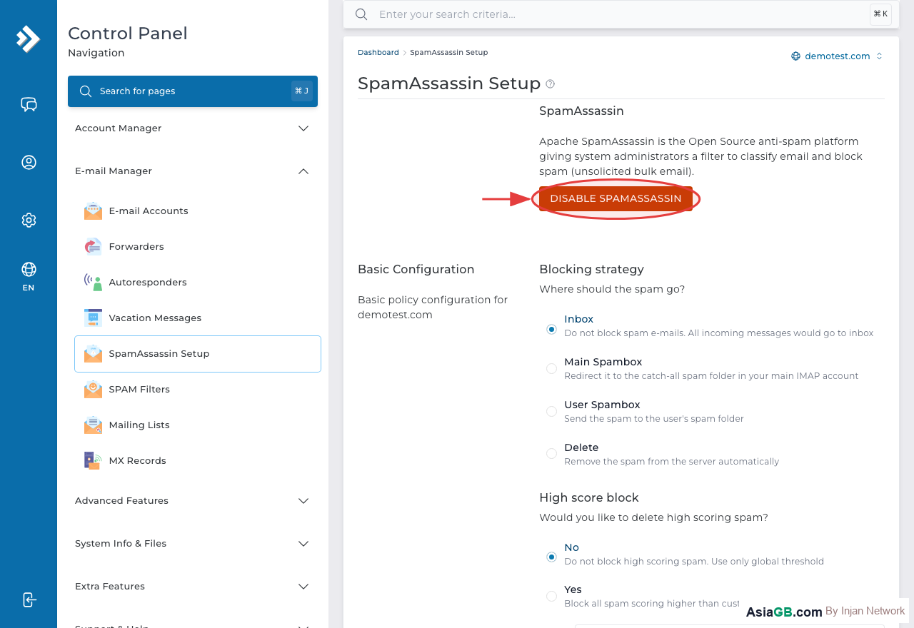 กดปุ่ม Enable (วงแดง) เพื่อเปิดใช้งาน SpamAssassin