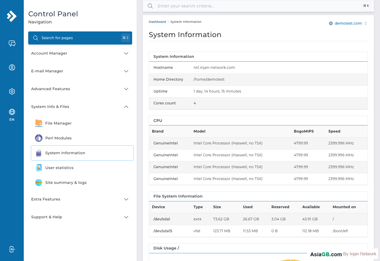 หน้า System Information แสดงข้อมูล Server และบัญชีทั้งหมด