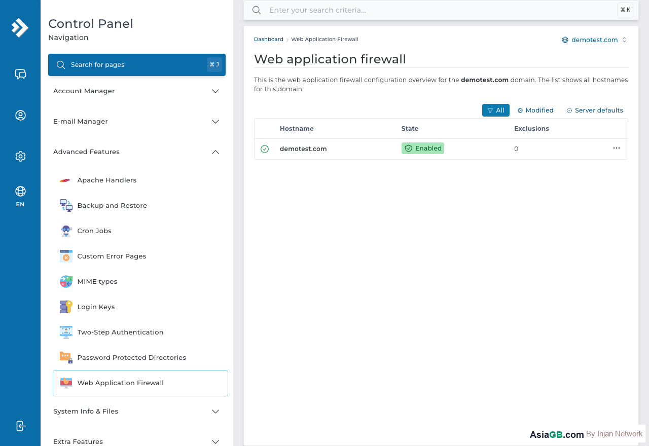DirectAdmin 中的 Web应用防火墙（WAF）页面